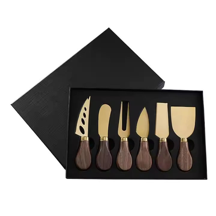 6 piece Wood Handle Steel Stainless Cheese Knife, Fork and Cutting