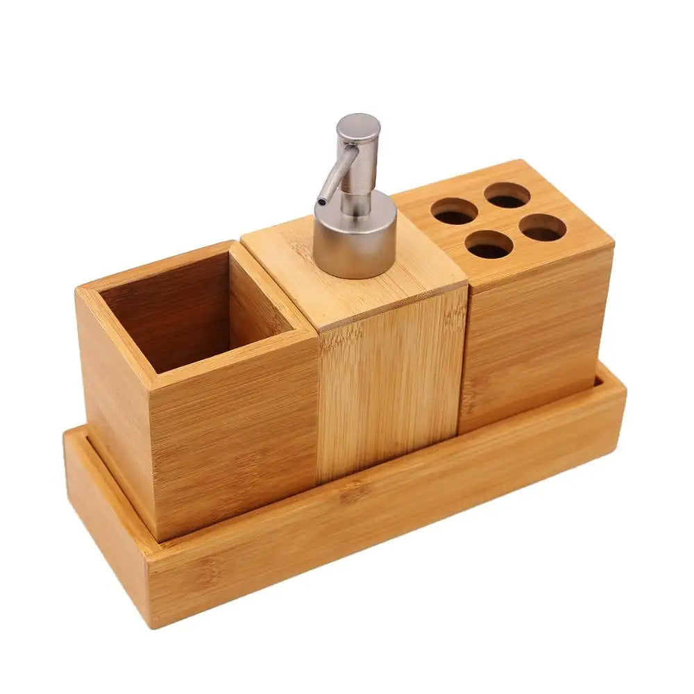 Bamboo Soap Dispenser Set Includes Pump Soap Dispenser, Toothbrush Holder - 1 Set