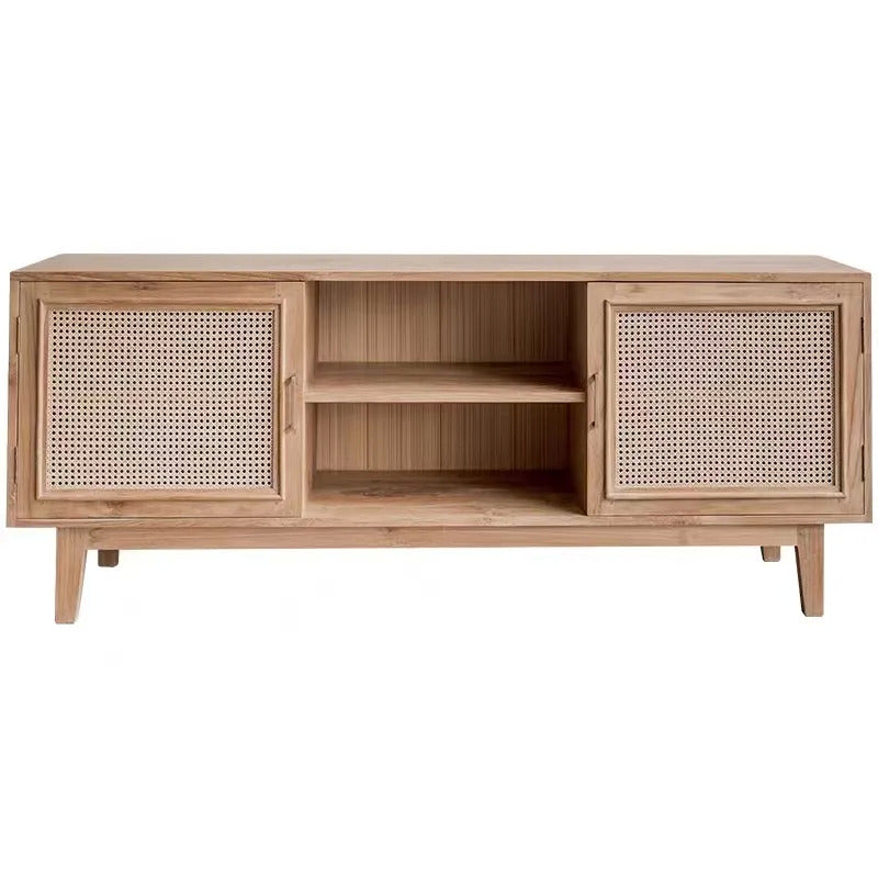 Rattan Net Woven Floor Cabinet Living Room Entertainment Center with 2 Locker Doors TV Cabinet Stand