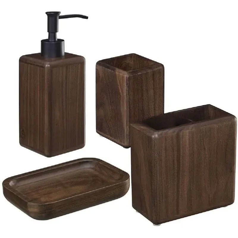 Set Vanity Countertop, Soap Dispenser Toothbrush Holder Bathroom Tumbler, Bathroom Set Dark Walnut Brown - 4 Pcs