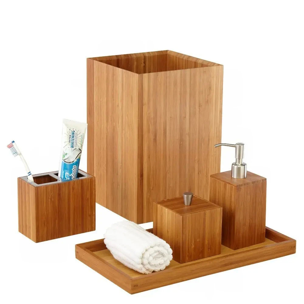 Wooden Soap Dispenser Cup Toothbrush Holder and Tray Bathroom Accessories - 1 Set